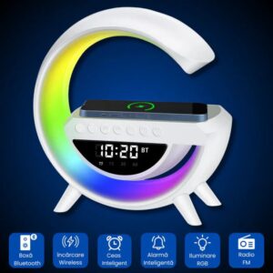 Boxă Bluetooth LED RGB cu Încărcare Wireless, Ceas Digital